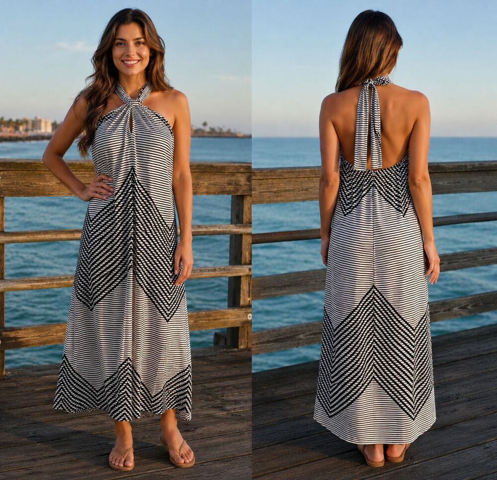 NWT Banana Republic Black White Abstract Halter Midi Dress Twist Neck  L Petite